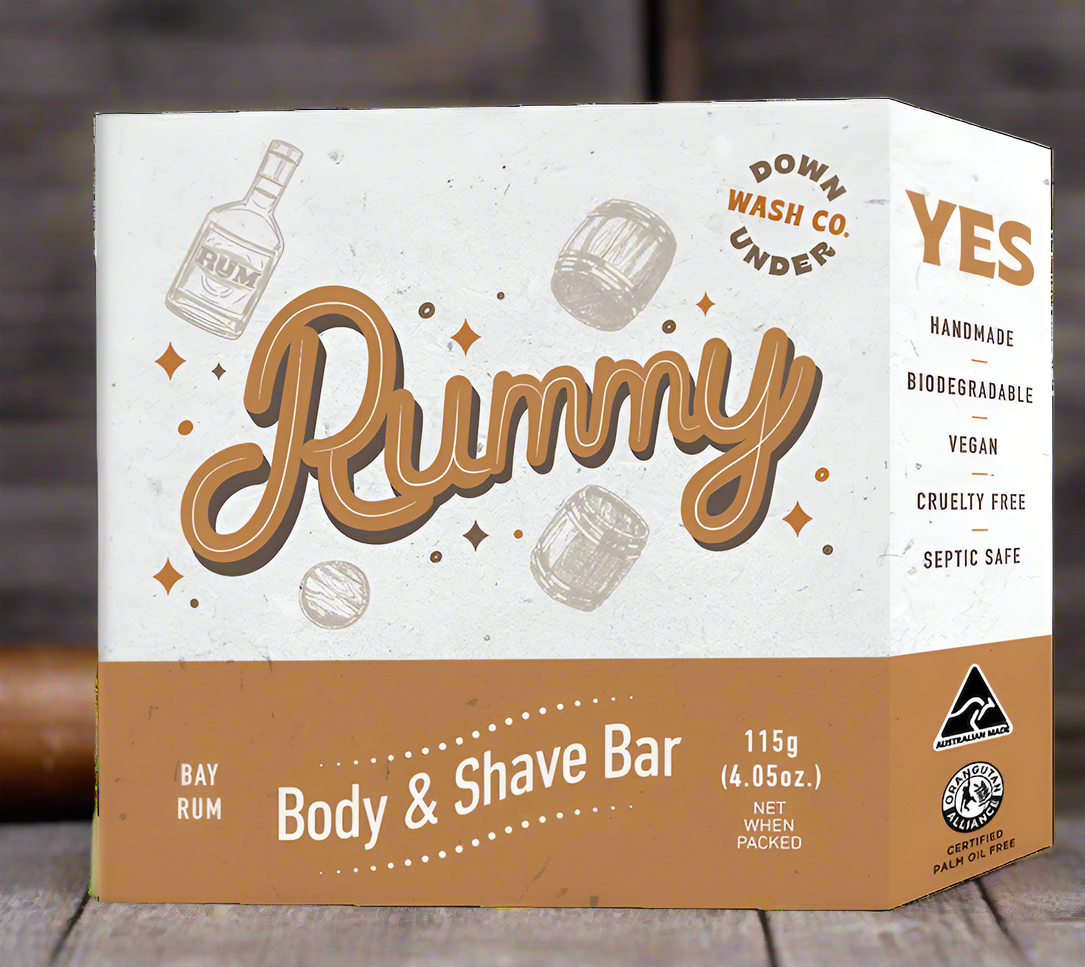 Rummy body and shave bar packaging with branding and product details.
