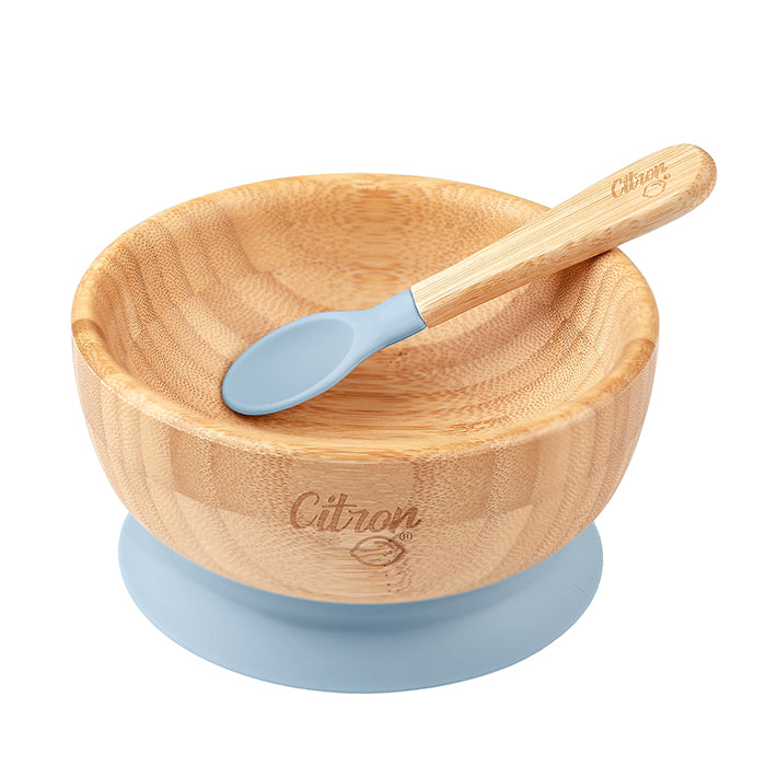 Citron Bamboo Bowl with Suction and Spoon Dusty Blue