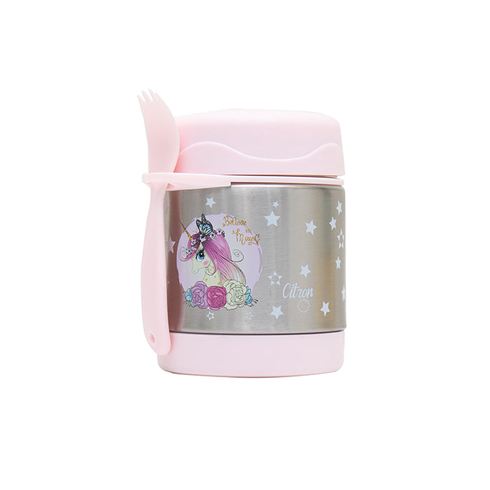 A pink 300ml food jar with triple insulation, featuring a unicorn design and personalized with the name 'Olivia'. It includes a spork.