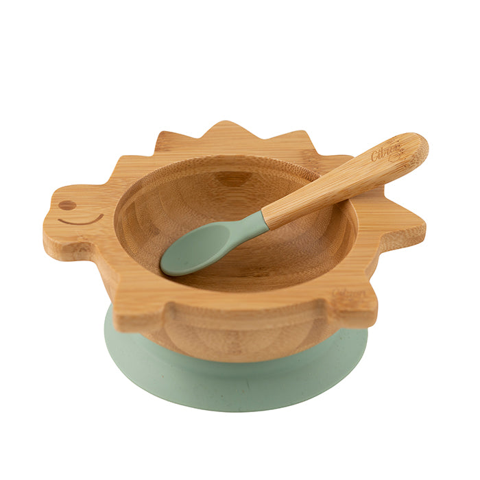Citron Dino Bamboo Bowl with Suction and Spoon Green