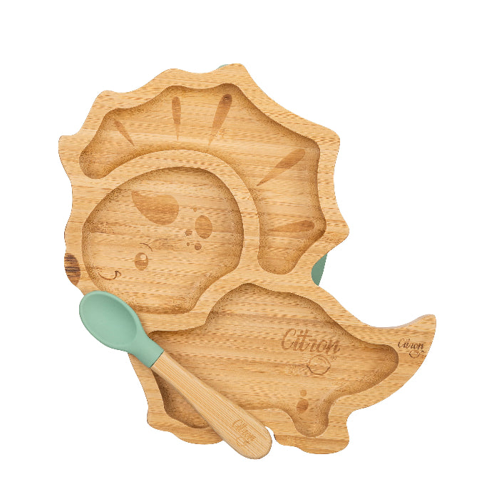 Citron Bamboo Dino Plate with Suction and Spoon