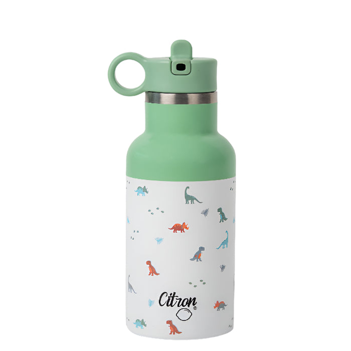 A green and white stainless steel water bottle with dinosaur patterns and the brand name 'Citron' on the label.