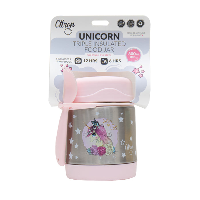 Citron Food Jar 300ml Triple Insulated with Spork Unicorn