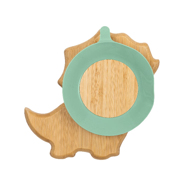 Citron Bamboo Dino Plate with Suction and Spoon