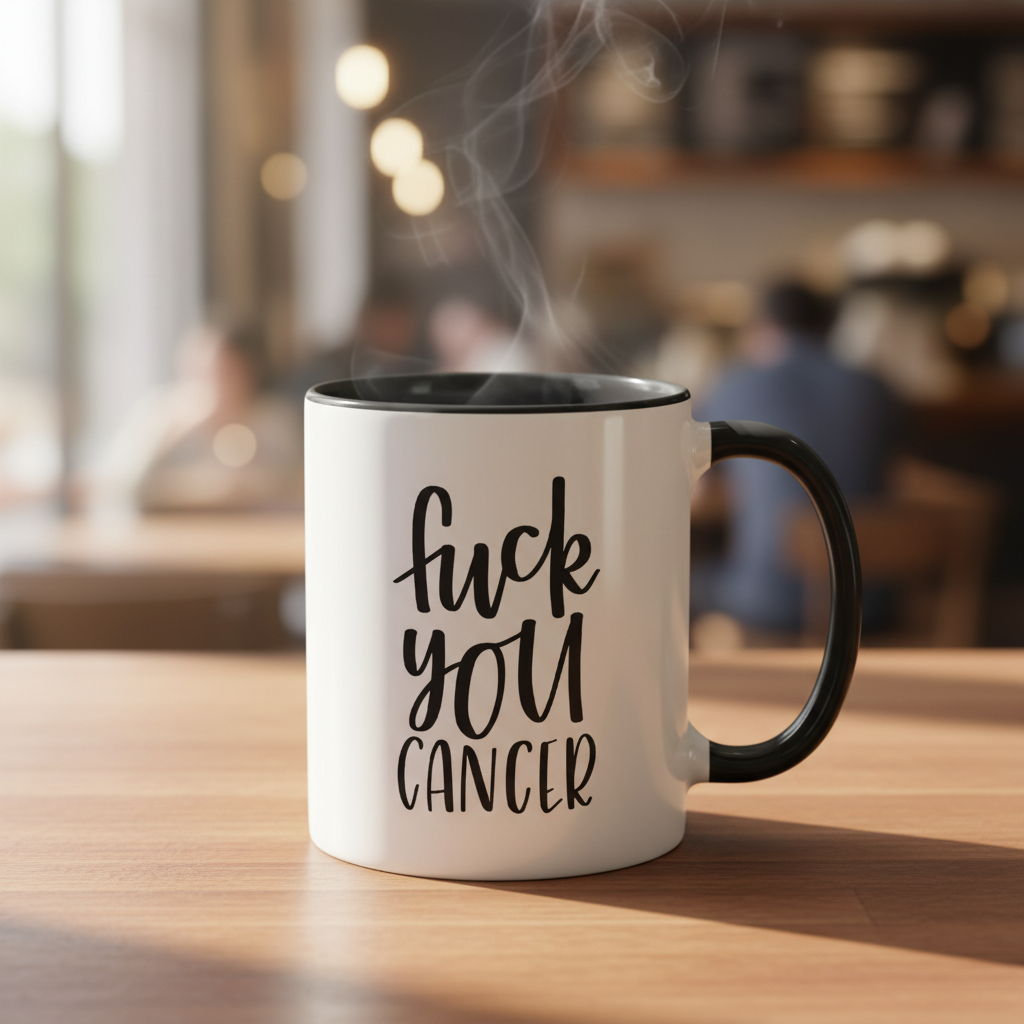 This image features a striking ceramic mug with a bold message, "F\u00ck You Cancer," printed in bold, cursive black lettering on a white mug. The inside of the mug is a contrasting pink color, adding a touch of softness to the overall design.