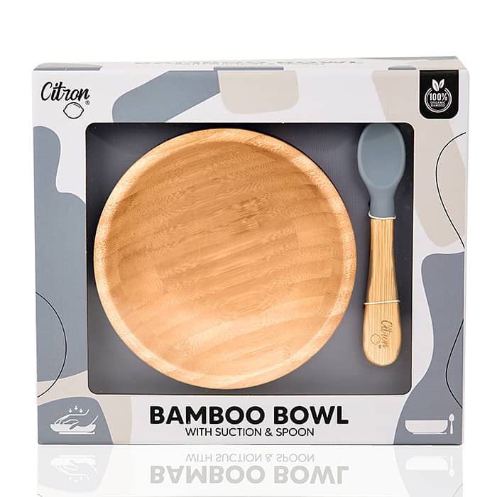 Citron Bamboo Bowl with Suction and Spoon Dusty Blue