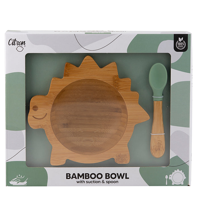 Citron Dino Bamboo Bowl with Suction and Spoon Green
