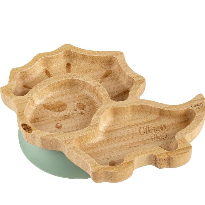 Citron Bamboo Dino Plate with Suction and Spoon