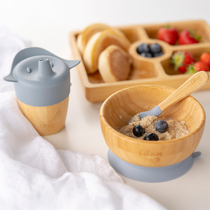 Citron Bamboo Bowl with Suction and Spoon Dusty Blue