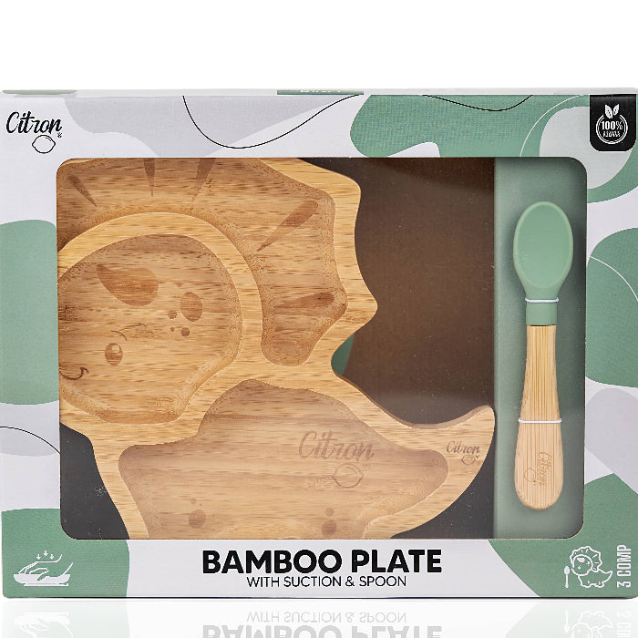 Citron Bamboo Dino Plate with Suction and Spoon