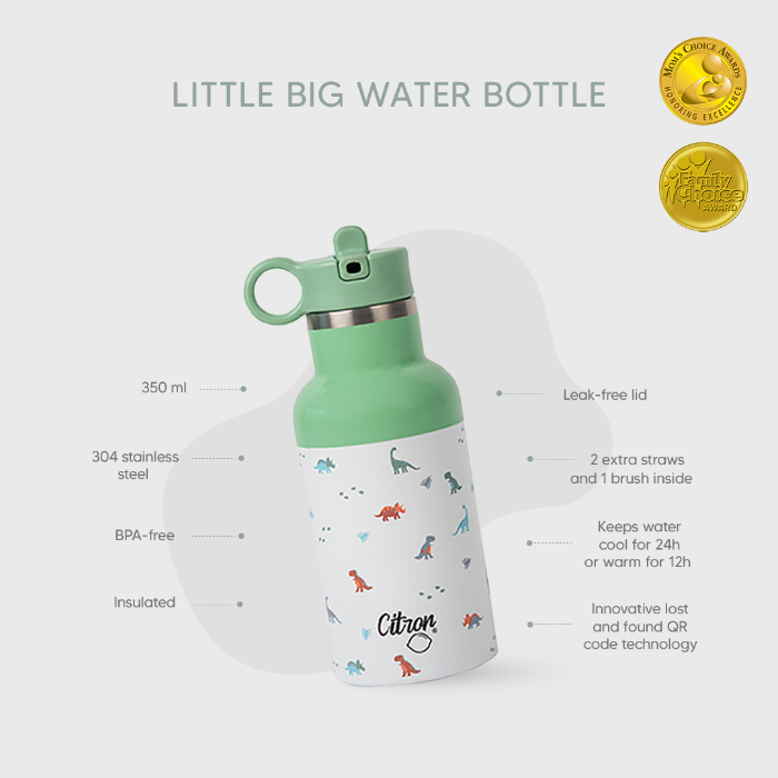 Citron Little Big Water Bottle OR Enabled Lost Proof 350ml Green White Dino