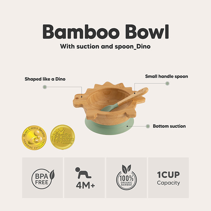 Citron Dino Bamboo Bowl with Suction and Spoon Green