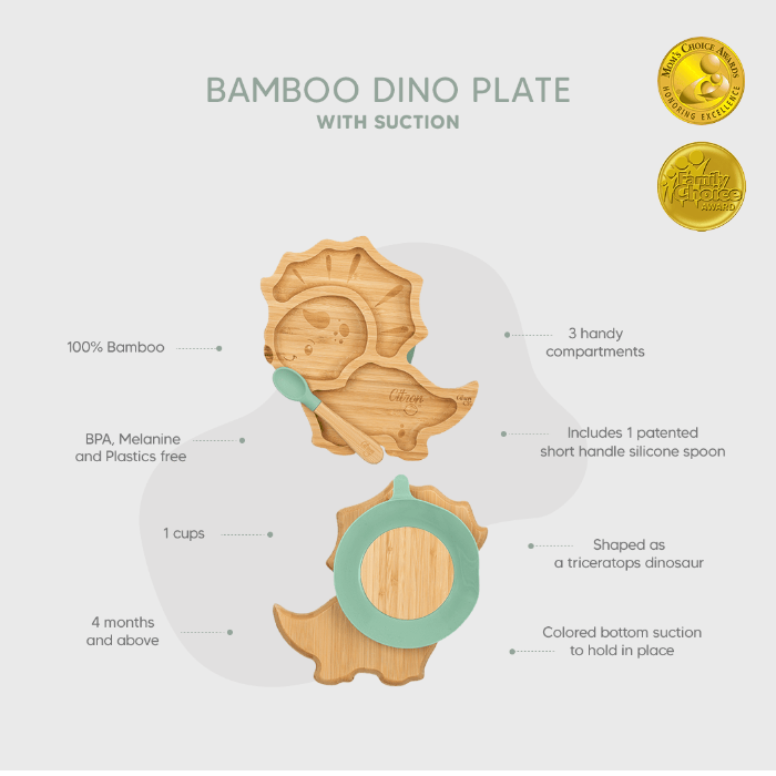 Citron Bamboo Dino Plate with Suction and Spoon