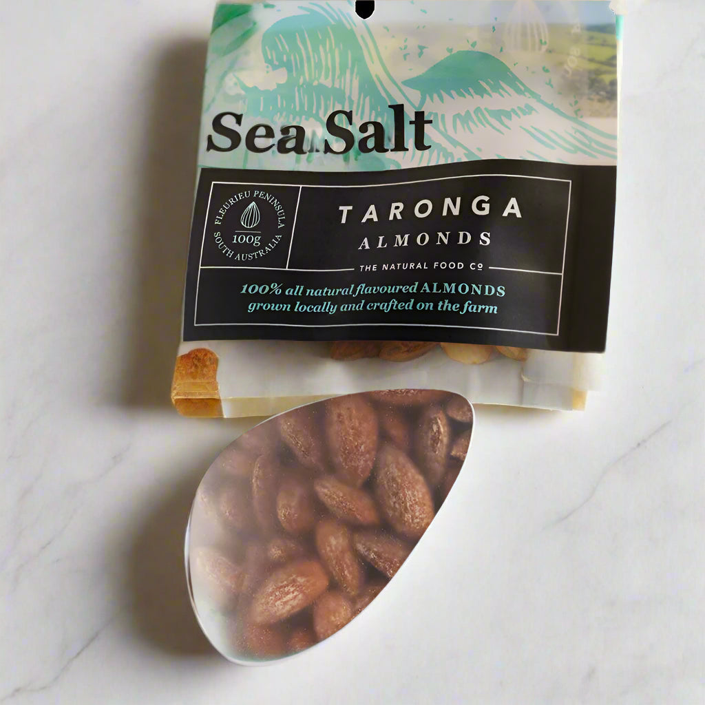 Packaging of Taronga Almonds with Sea Salt showing the almonds through a transparent window and sea salt flakes on top.
