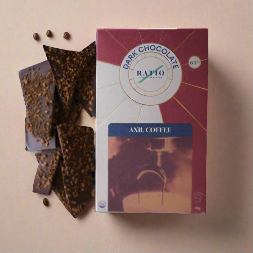 Dark chocolate bars and a box of Raffo dark chocolate on a white background