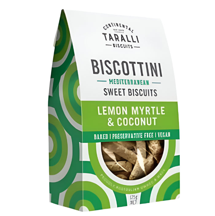 Packaging of Biscottini Lemon Myrtle & Coconut Sweet Biscuits, vegan and preservative-free, with green patterns and a window showing the biscuits.