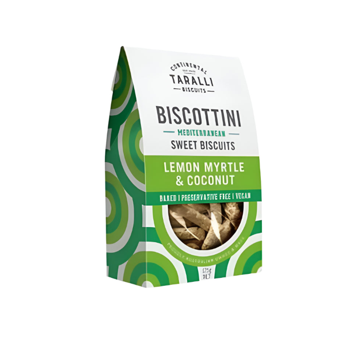 Packaging of Biscottini Lemon Myrtle & Coconut Sweet Biscuits, vegan and preservative-free, with green patterns and a window showing the biscuits.
