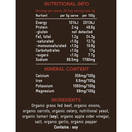 Nutritional information and ingredient list on a product label with a dark background.