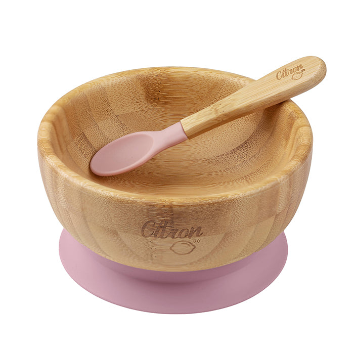 Citron Bamboo Bowl with Suction and Spoon Blush Pink