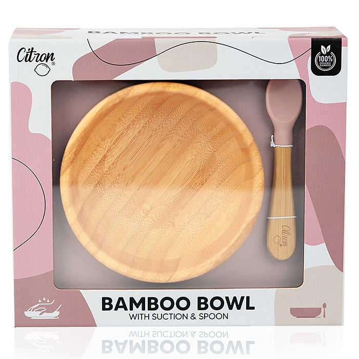 this is a bamboo bowl with suction and a spoon