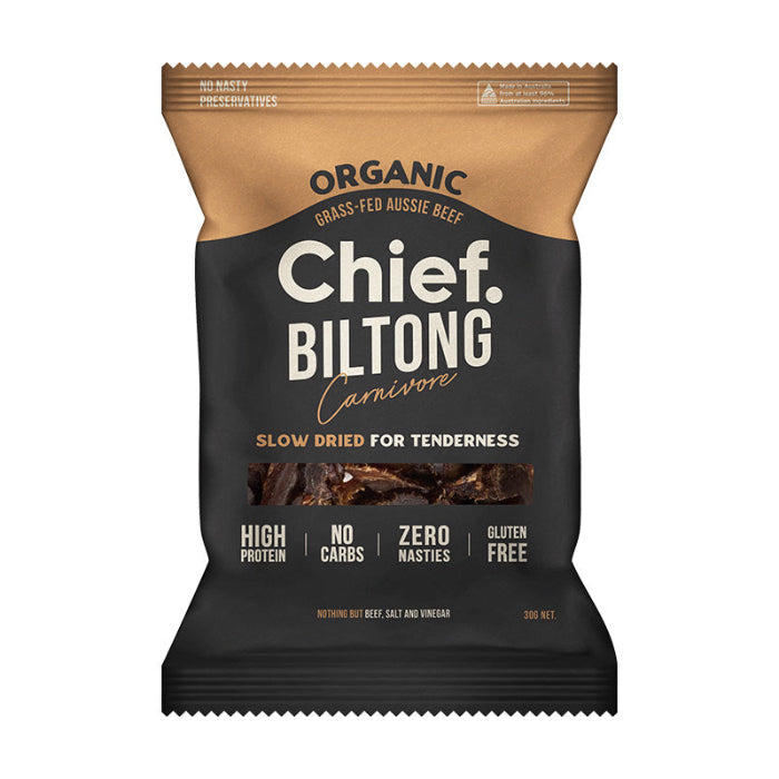 Organic grass-fed beef biltong package in brown and black design showing high protein, zero carb snack