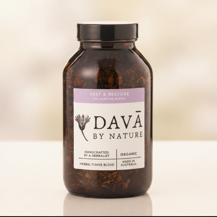 Image of DAVA BY NATURE Rest & Restore bottle, great low-tox gift for tea lovers.