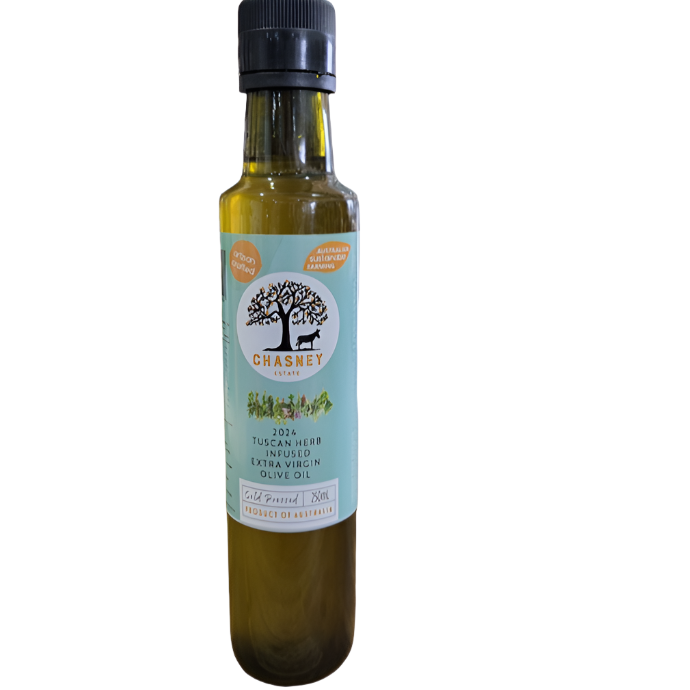 Glass bottle of Chasney brand Tuscan herb-infused extra virgin olive oil with light blue label