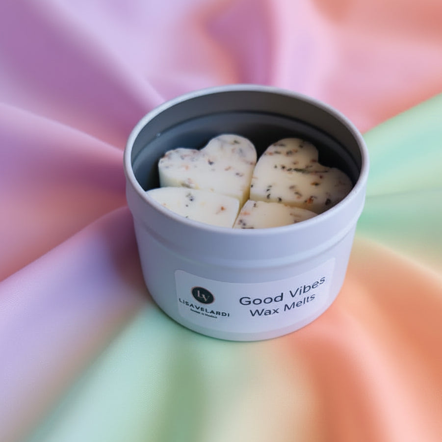 Container of Good_Vibes Wax Melts -from House of Velardi - tin contains 8 x wax melts available in four varieties - see also Glass wax burner flowers.