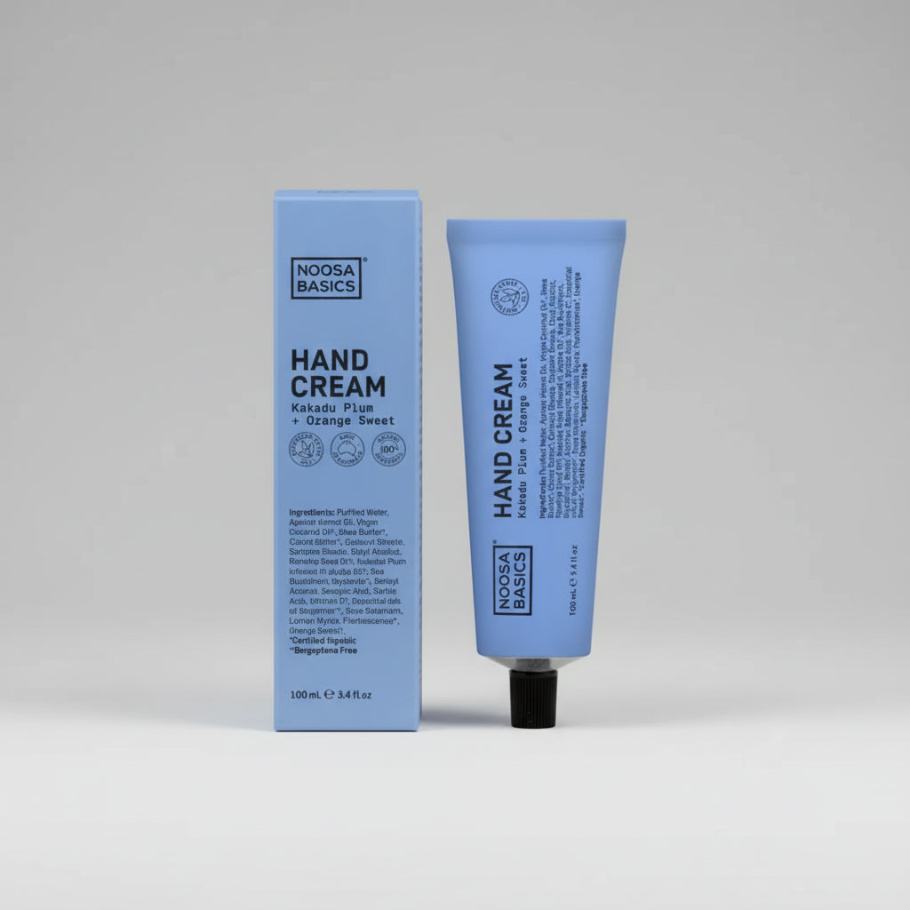 Noosa Basics hand cream tube and packaging on a white background