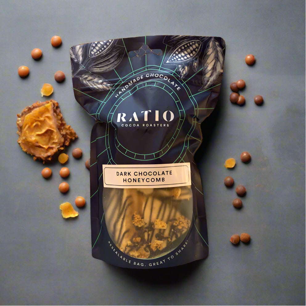 Packaged dark chocolate honeycomb with Ratio branding on a white background
