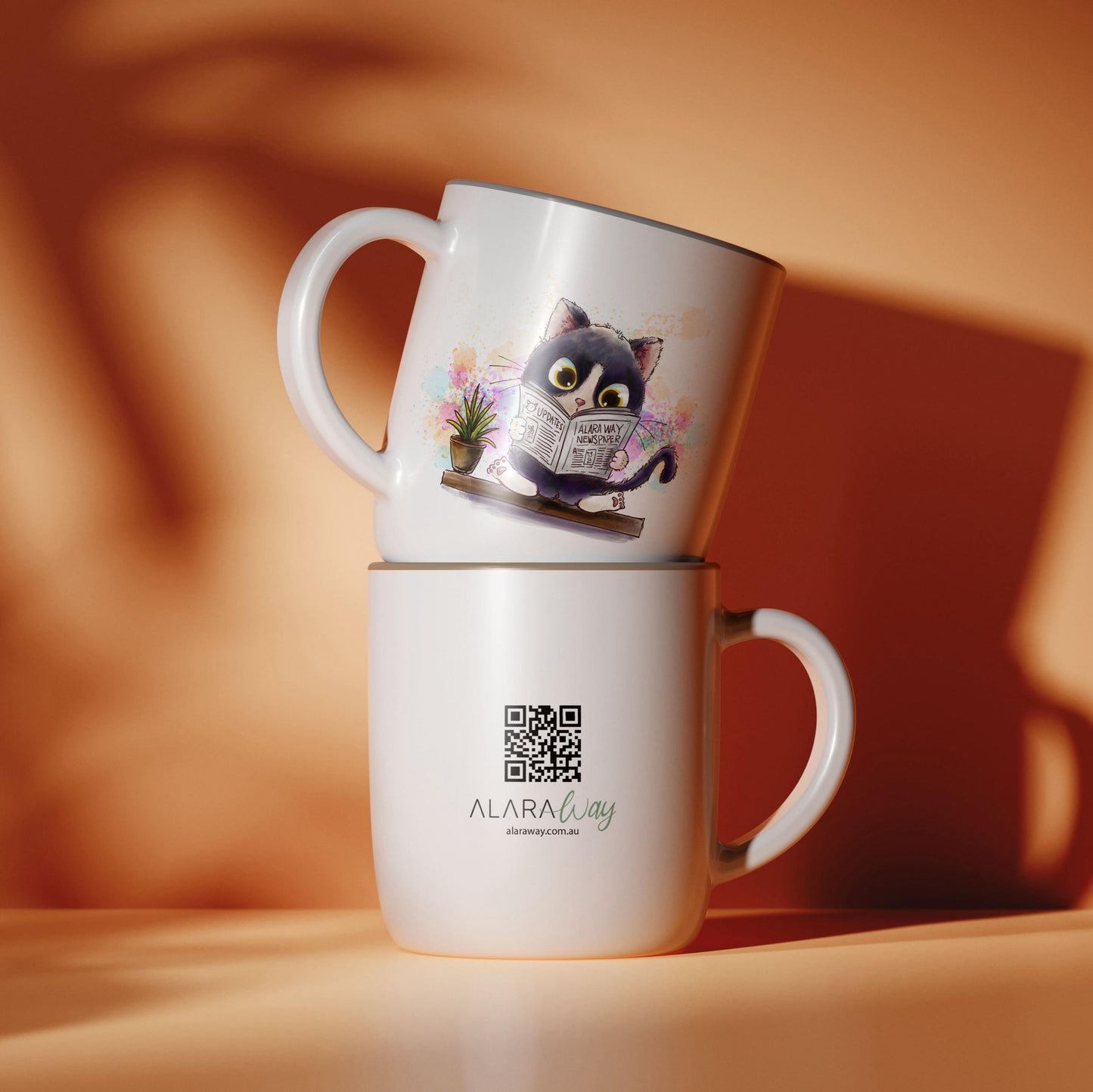 Two white mugs stacked on a wooden surface with a blurred background
