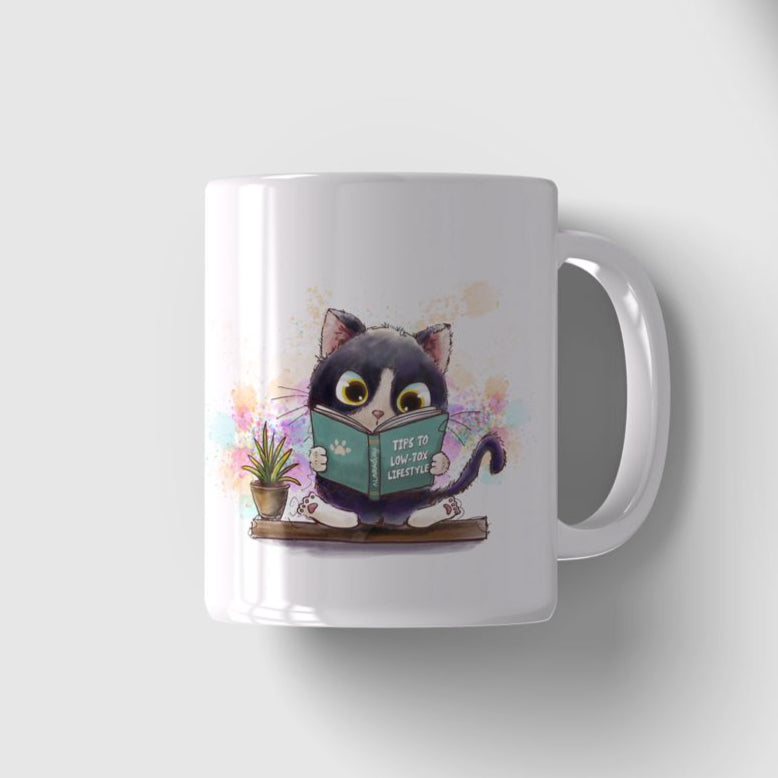 Two white mugs with one featuring a cat illustration and the other displaying a QR code.