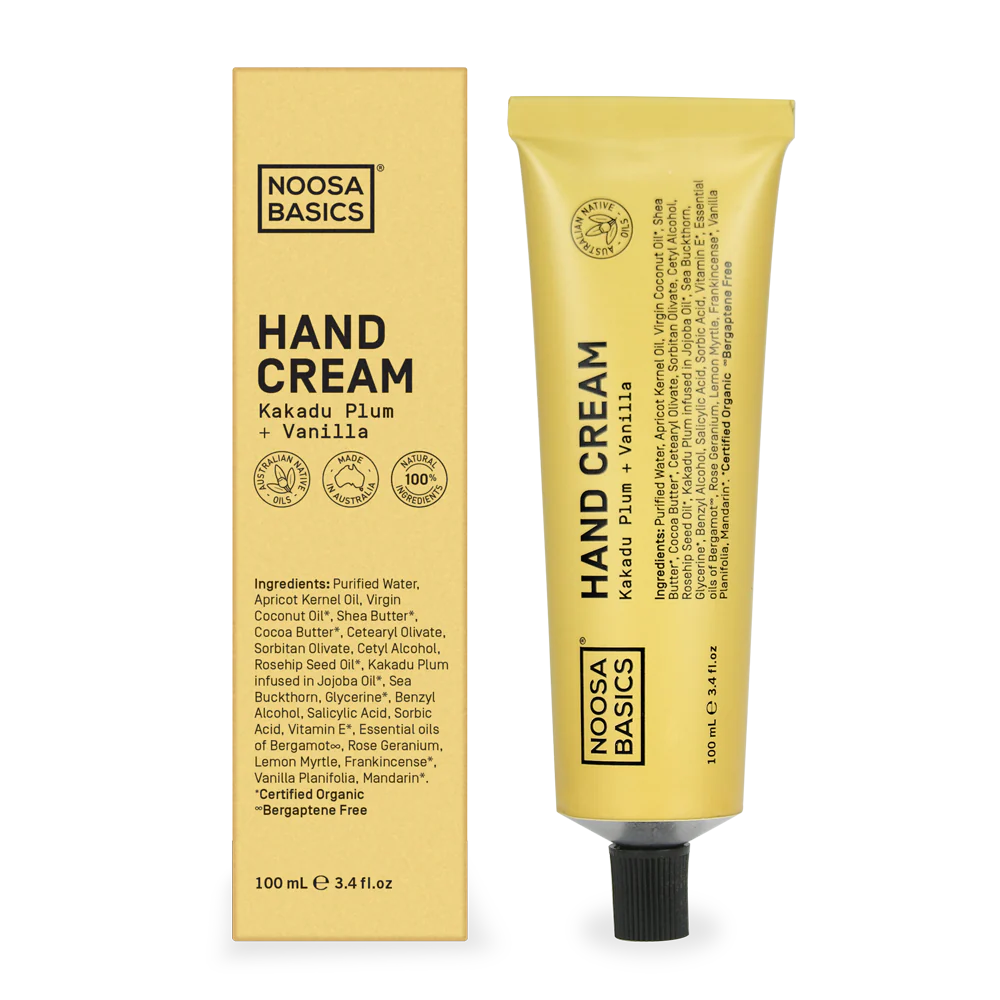 Noosa Basics hand cream packaging with tube and box on a white background
