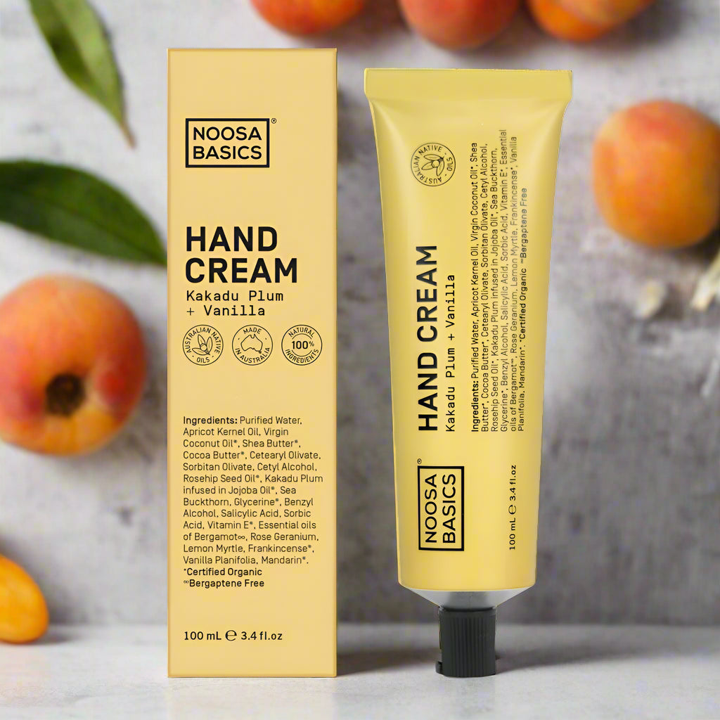 Noosa Basics Kakadu Plum-Vanilla hand cream packaging with tube and box
