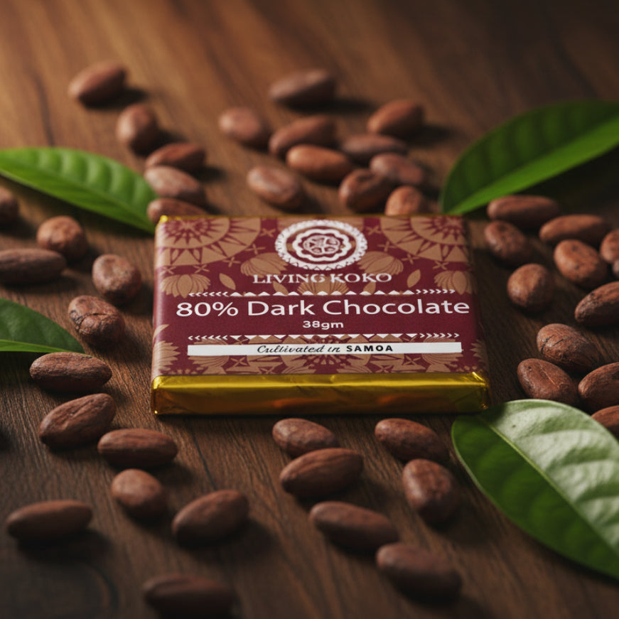 Living Koko 80% Dark Chocolate bar packaging with gold and red design