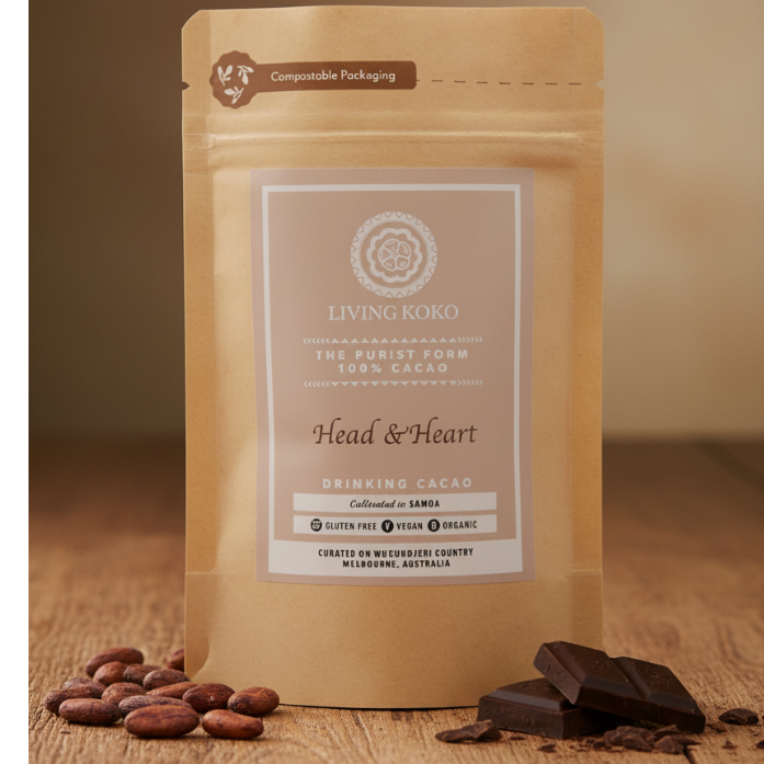 Packaging of Living Koko Head & Heart Drinking Chocolate 100g, with branding and product information displayed.