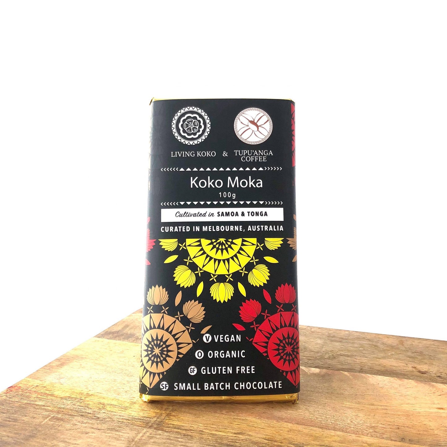 Koko Moka chocolate bar packaging on a wooden surface