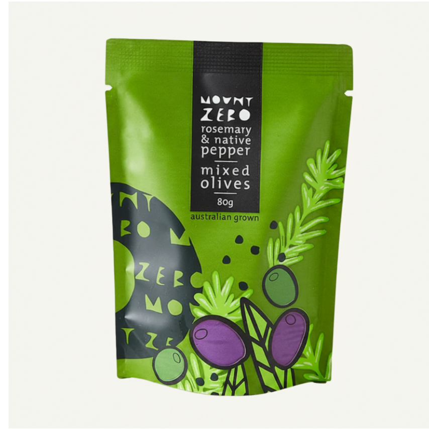 Green package of Mount Zero rosemary and native pepper mixed olives on an orange background