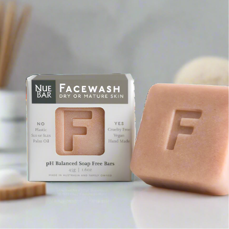 Nue Bar Facewash soap bar and packaging on a white background with awards displayed.