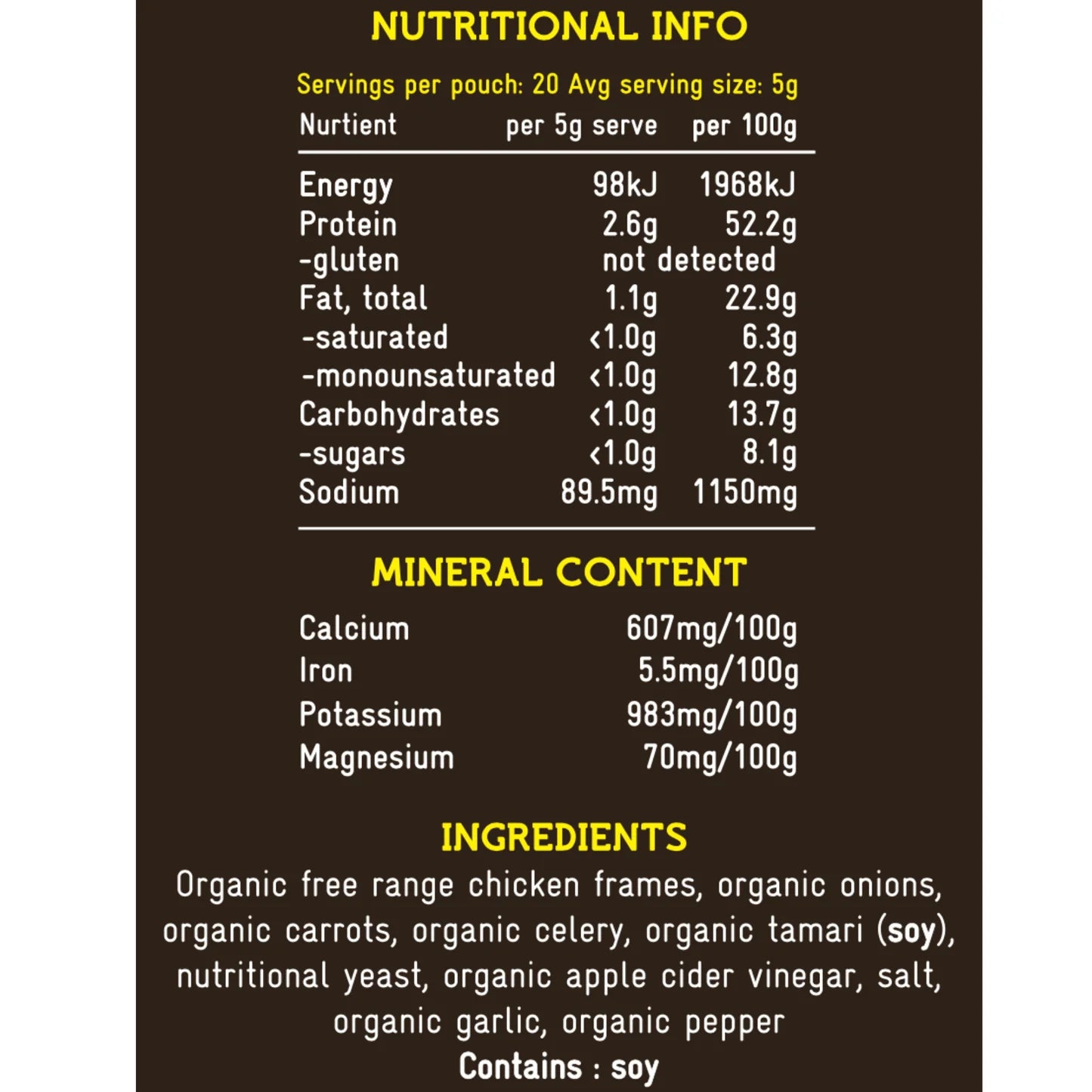 Nutritional information and ingredient list for organic chicken bone broth