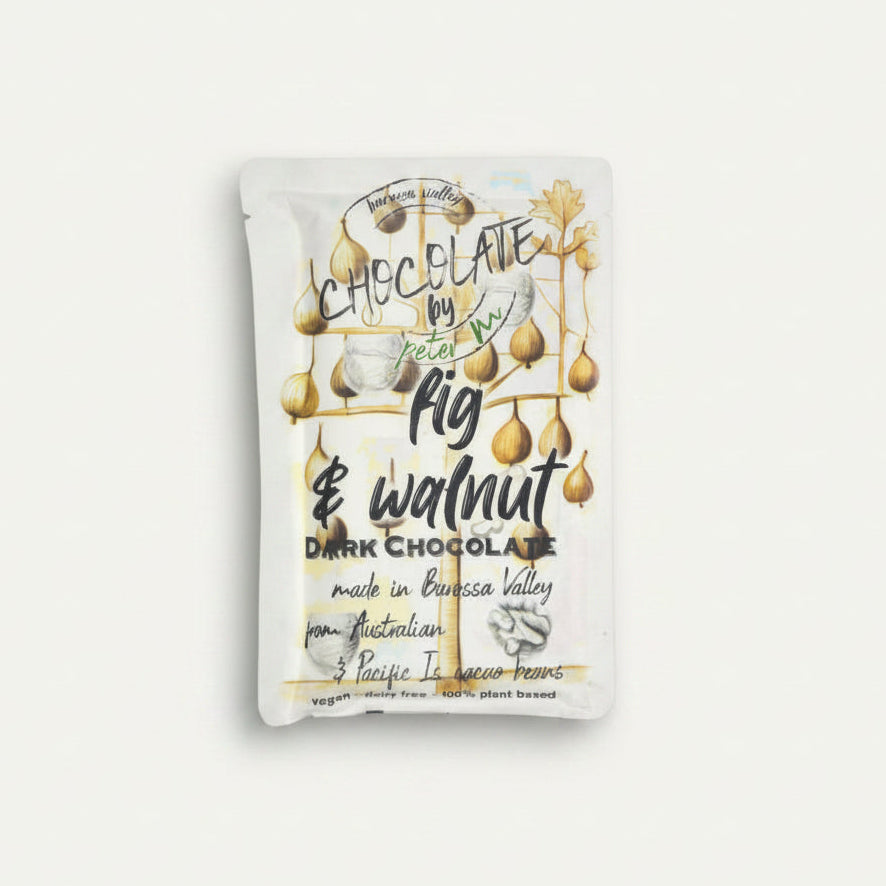 imae of a packet for vegan fig and walnut chocolate