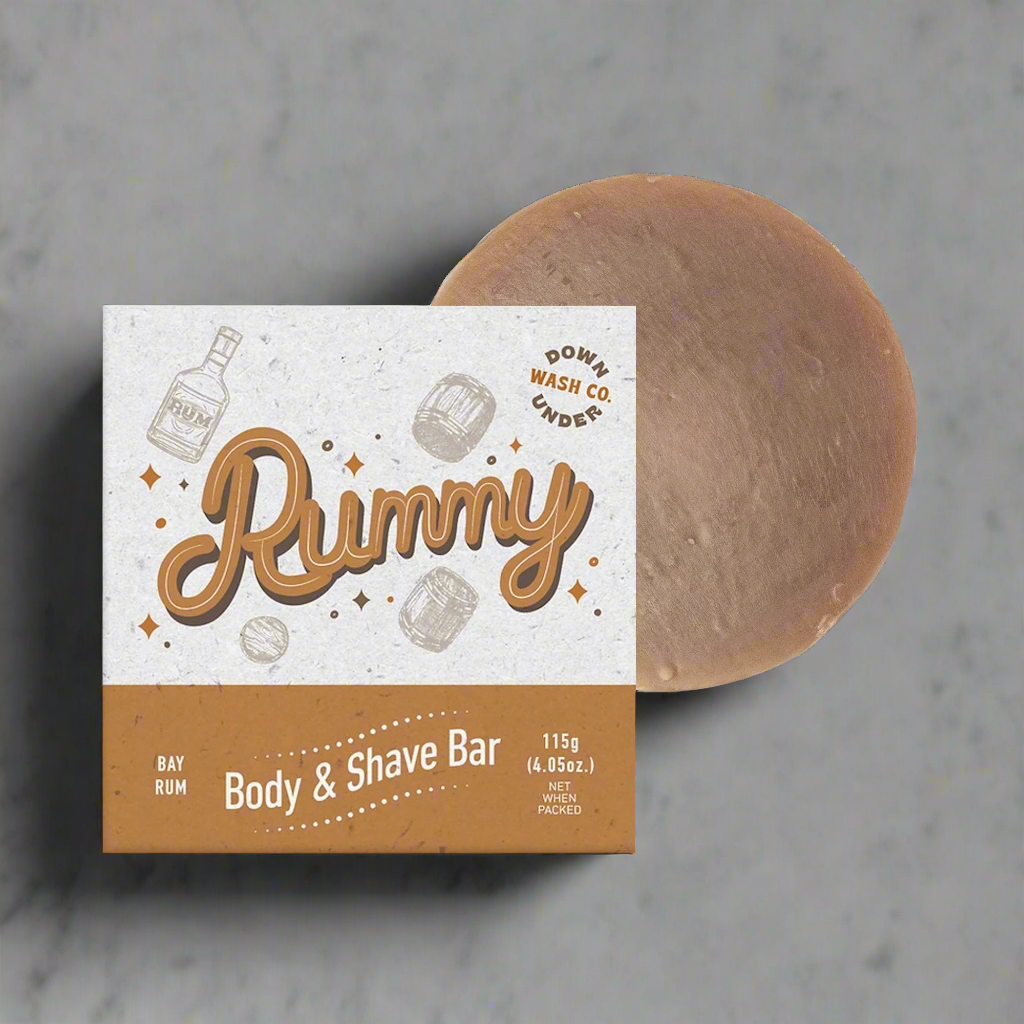 Body and shave bar with packaging labeled 'Rummy' on a white background