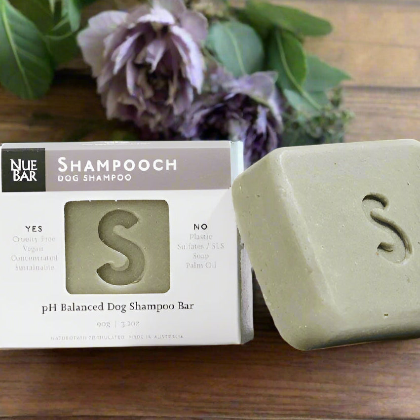A packaged dog shampoo bar labeled 'NueBar Shampooch pH Balanced Dog Shampoo Bar' next to its unscented gray bar.