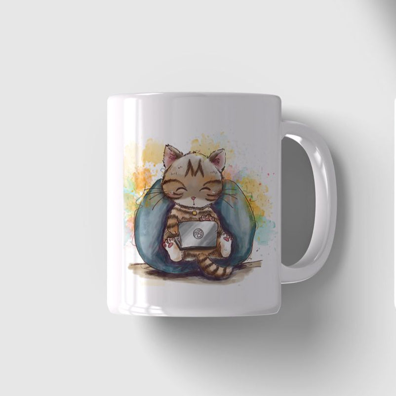 Two white mugs, one with a cat illustration and the other with a QR code, on a light gray background.