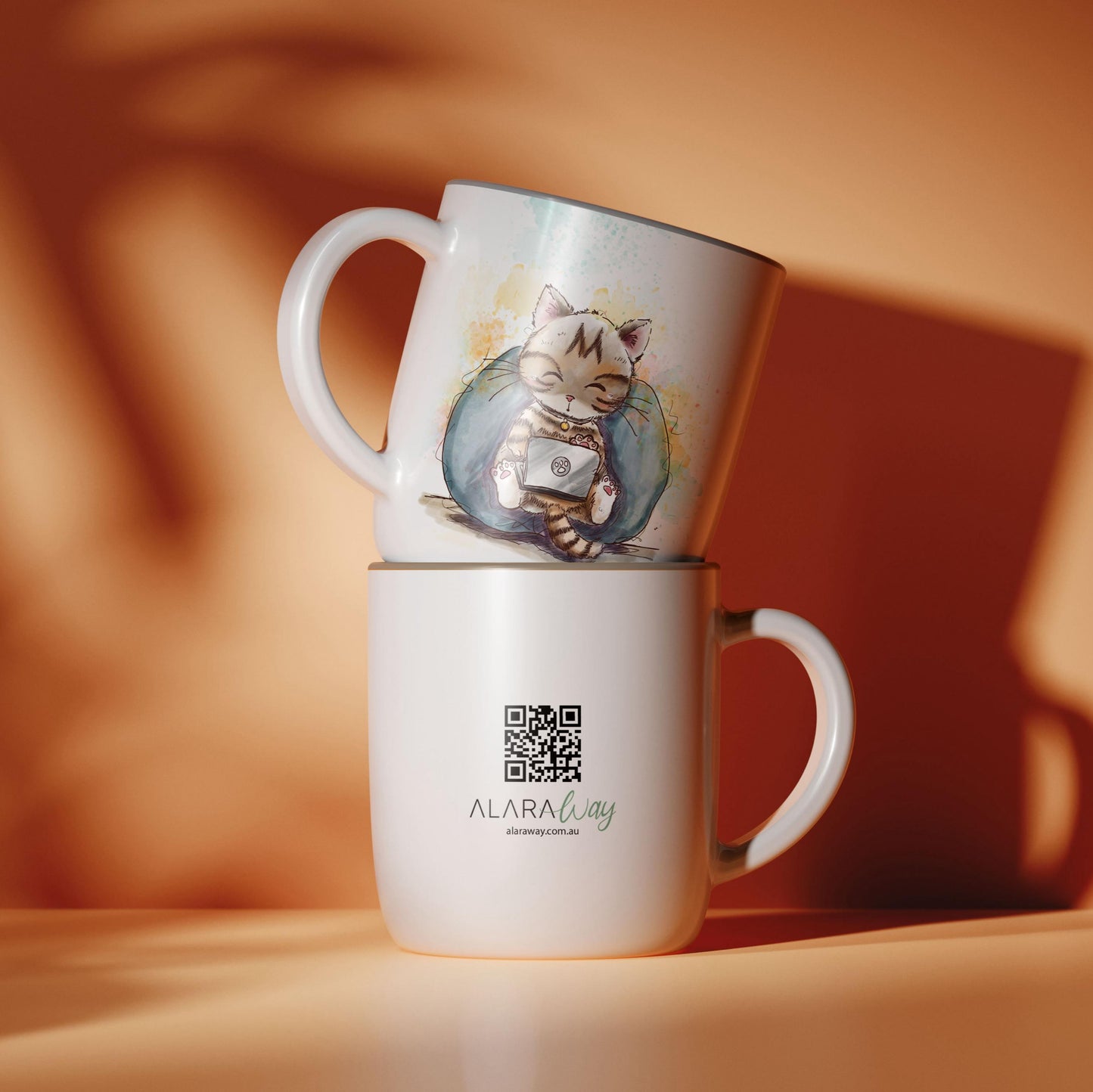 Two stacked mugs with a cat illustration on the top mug against a warm brown background.