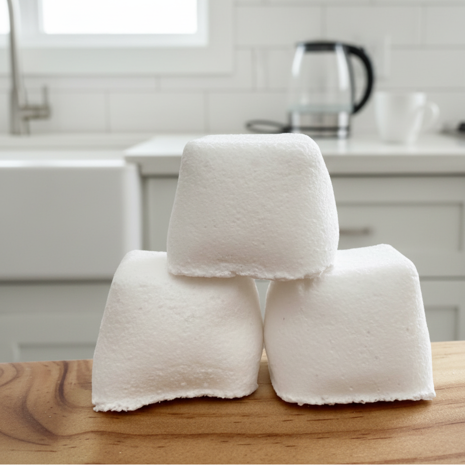 Three white kettle cleaning pods stacked on a wooden surface with a tiled wall background
