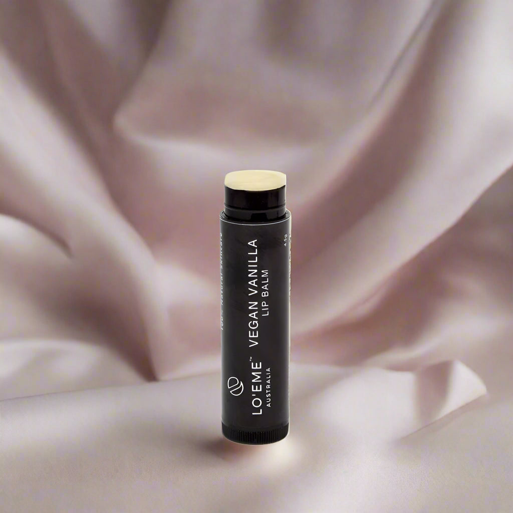 Loeme Vegan Vanilla lip balm on a white background
