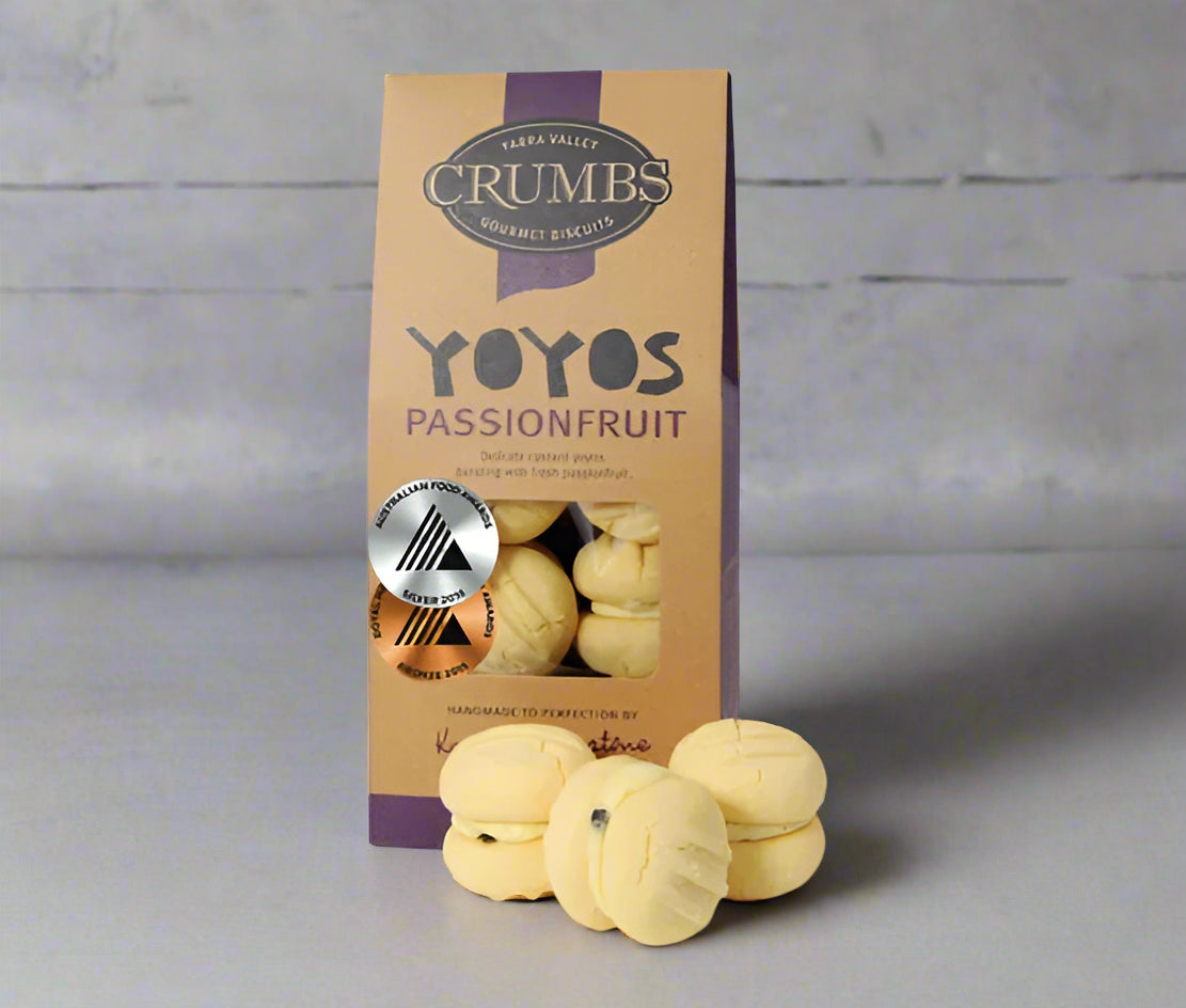 Box of Crumbs Yoyos Passionfruit cookies with cookies displayed in front