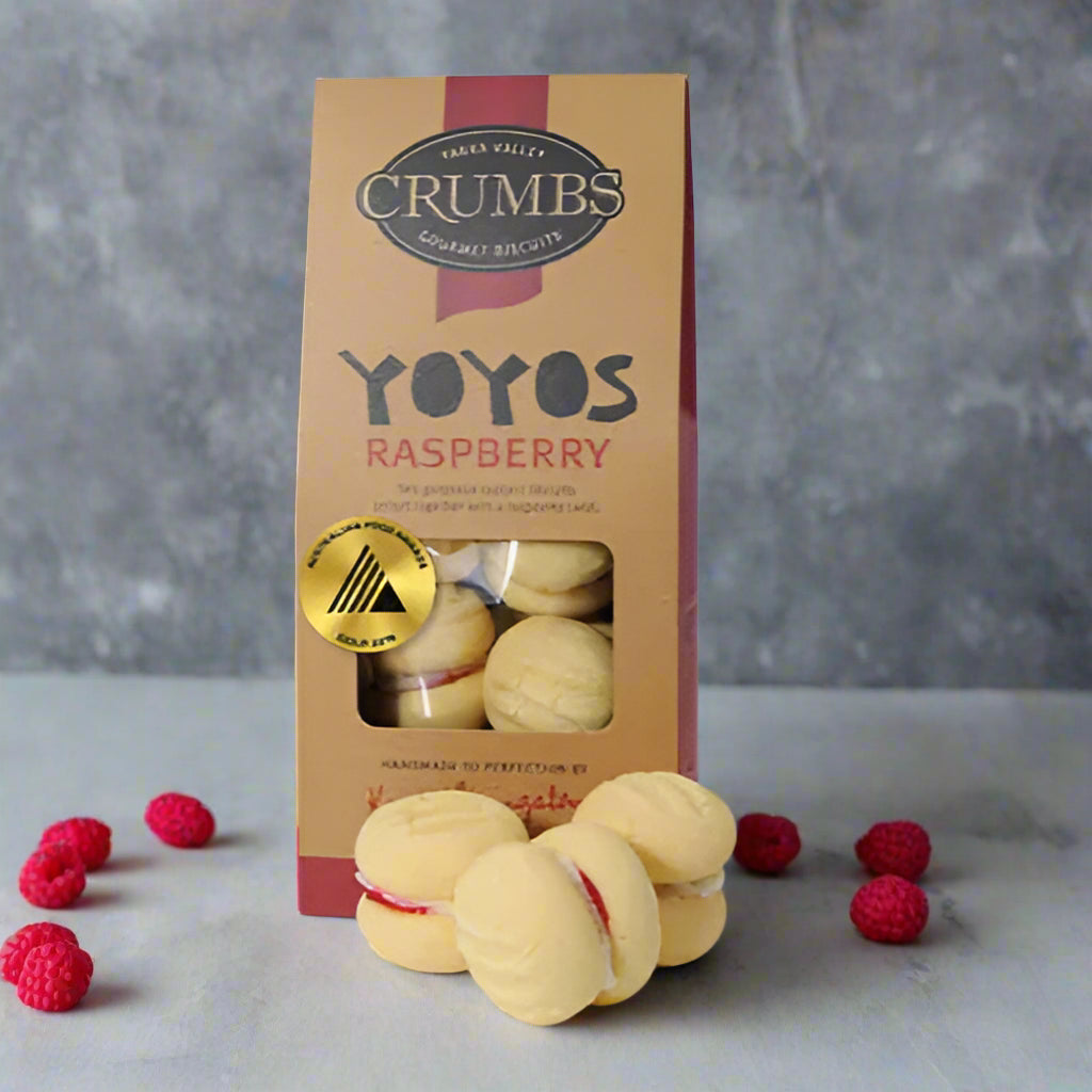 Box of Crumbs Yoyos Raspberry cookies with a white background