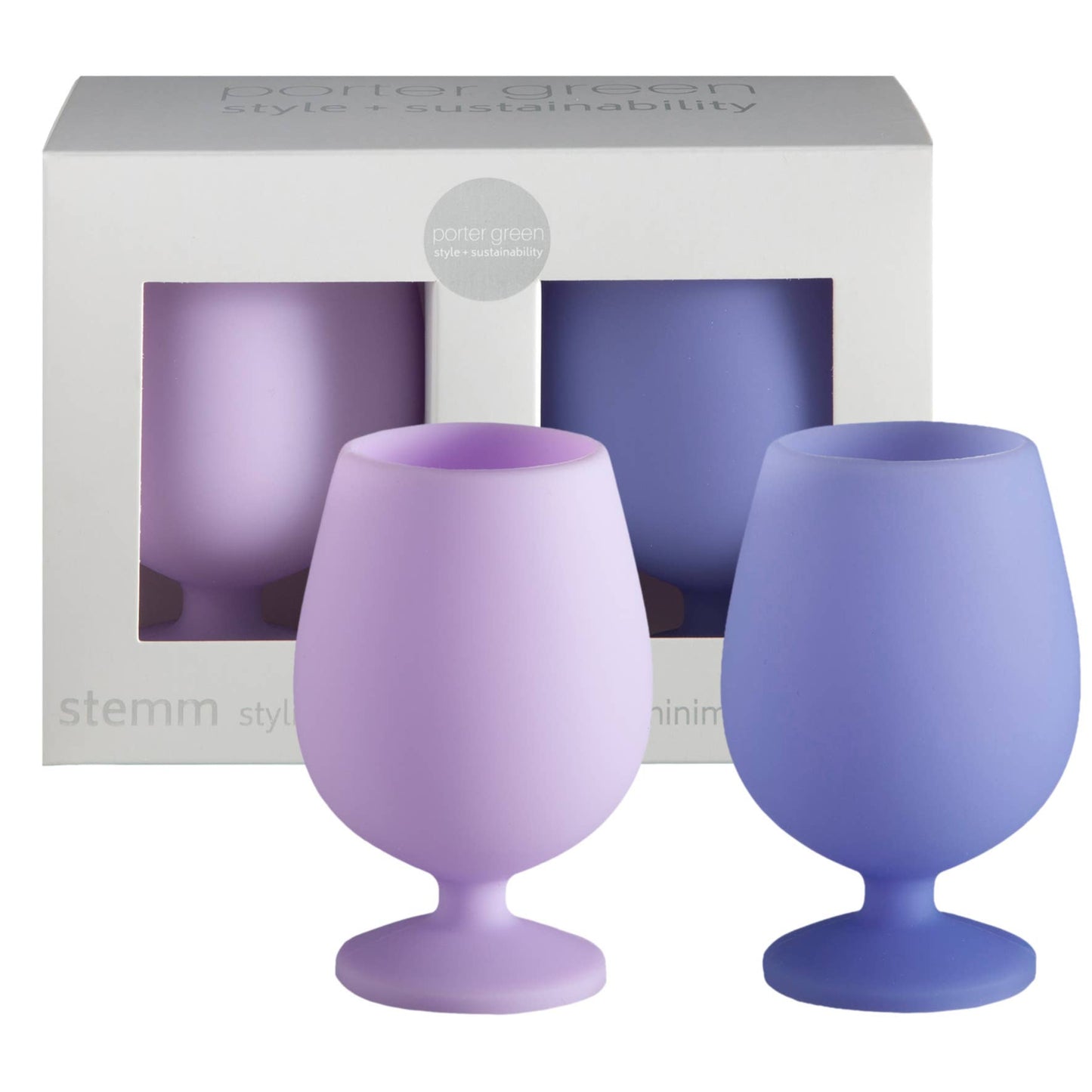 A set of two unbreakable wine glasses by Porter Green, one in Tanzanite and one in Amethyst color, displayed alongside their packaging.